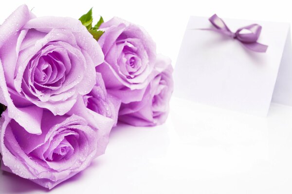 Pour la fête du 8 mars, un bouquet de roses et une carte postale