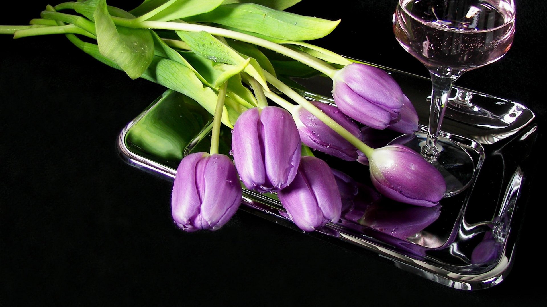 flower tulips tray glass wine