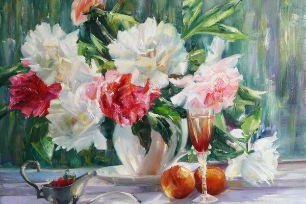 Watercolor huge peonies in a jug on the table