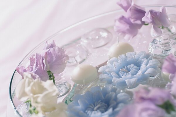 Different flowers in a plate with water