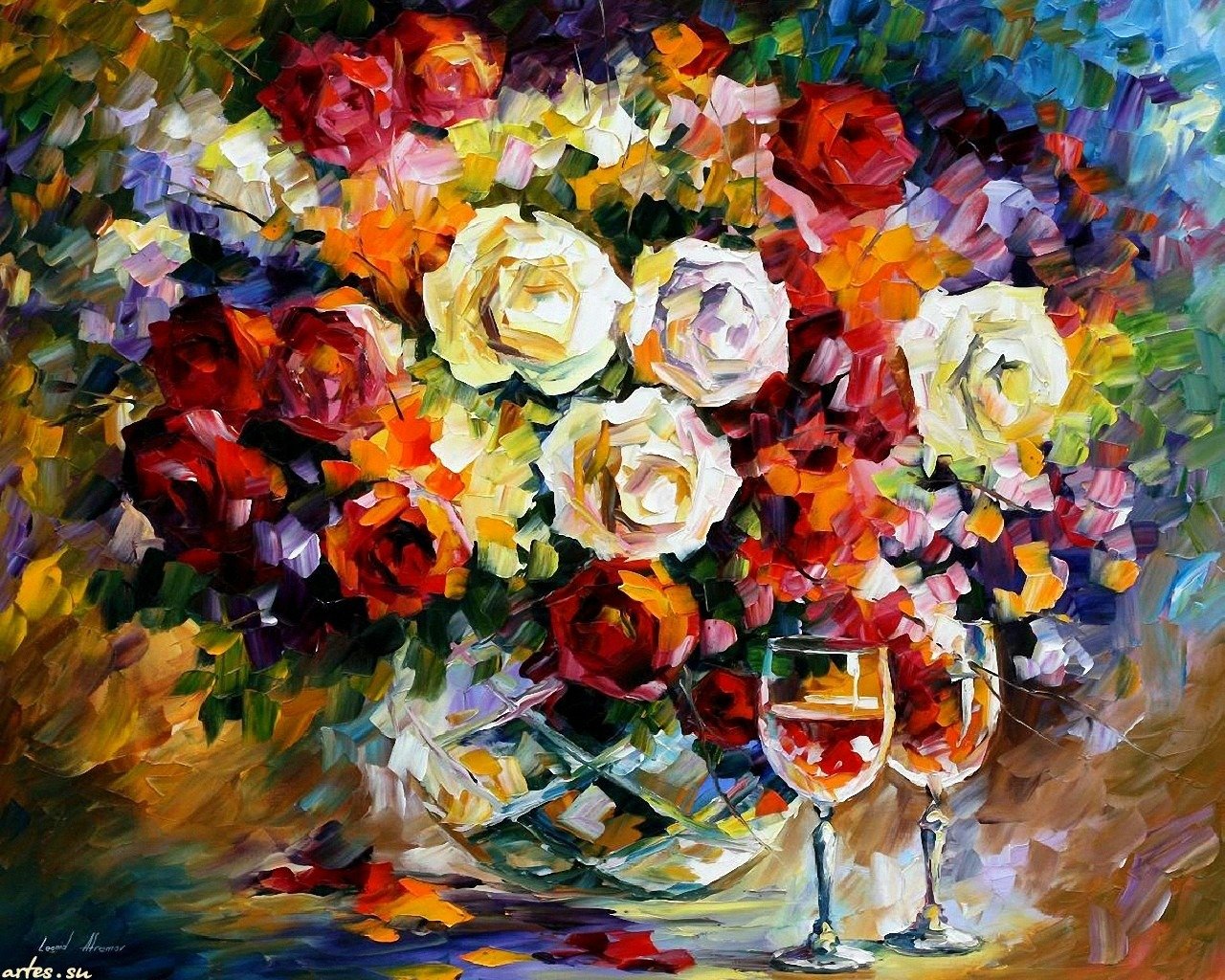 dessin huile verres à vin bouquet roses