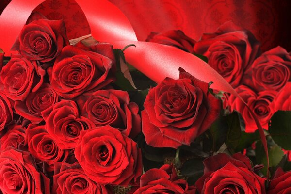 Красные розы с красной лентой
