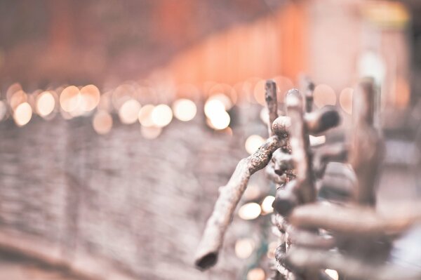 Clôture en bois avec des lumières vives sur une froide journée d hiver avec un fond flou doux