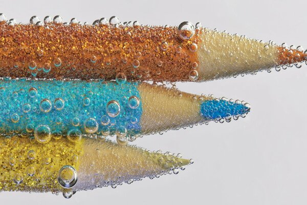 Macro photography of colored pencils under water
