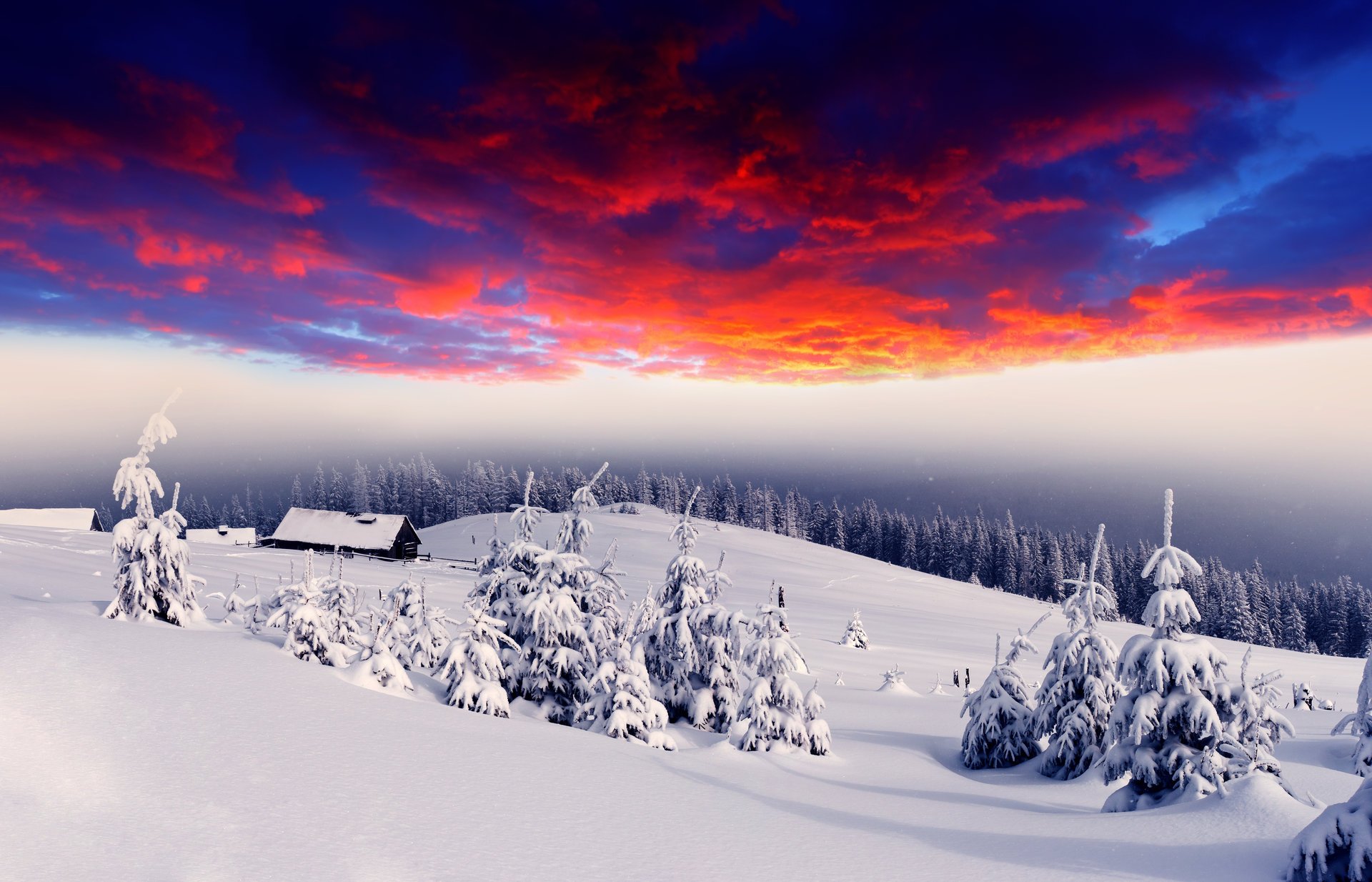 hills winter snow village houses forest glow dawn