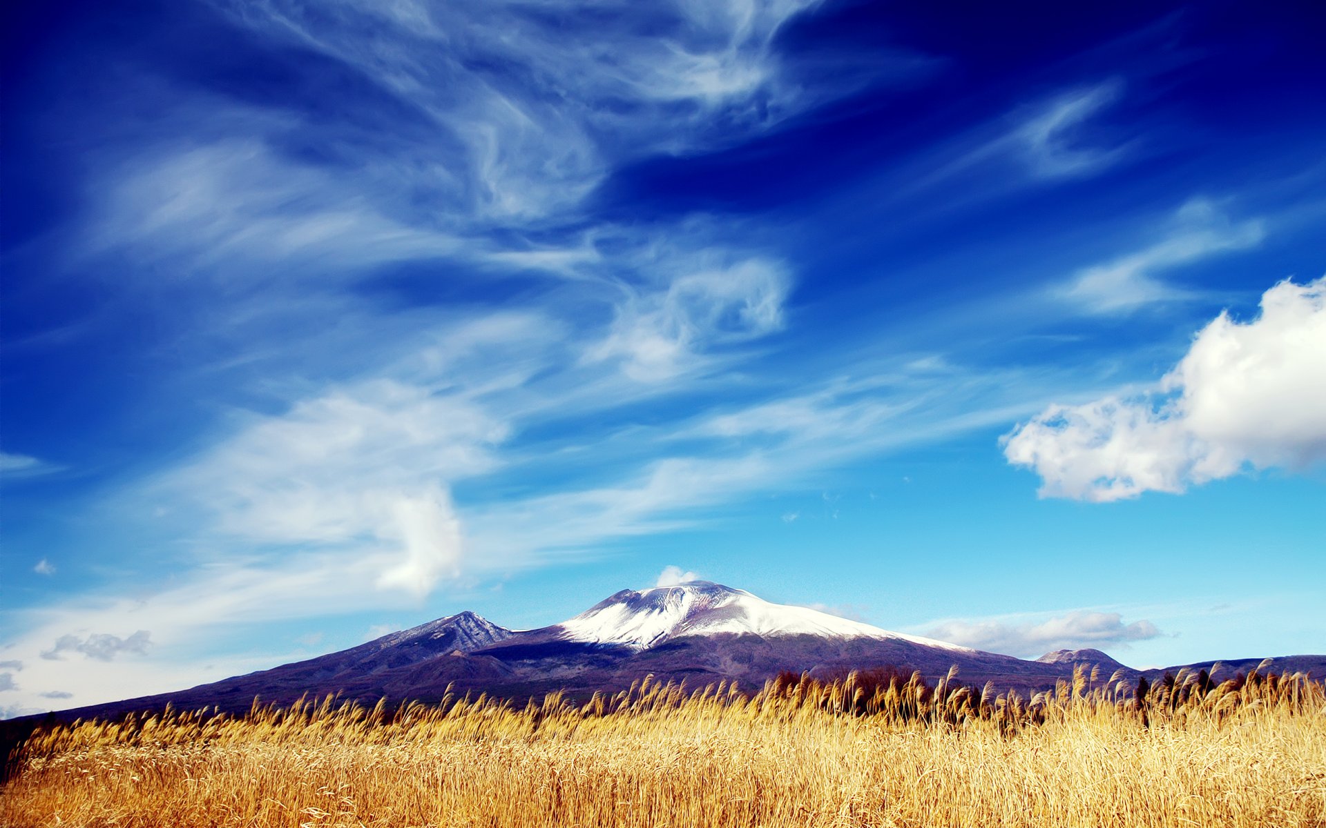 mountain peak the field sky clouds grass dry snow