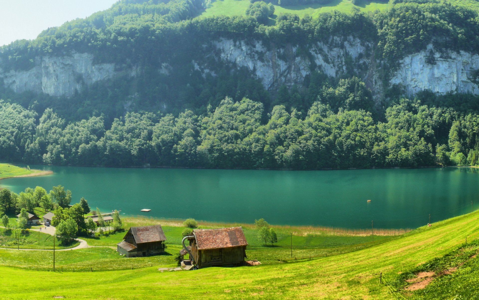 svizzera montagne fiume casette radura erba alberi