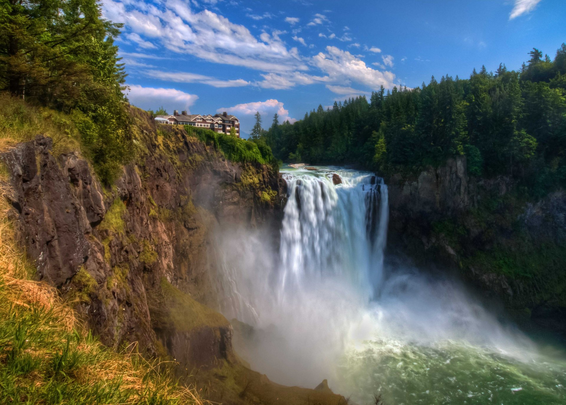 snoqualmie falls cascada corriente acantilado casa