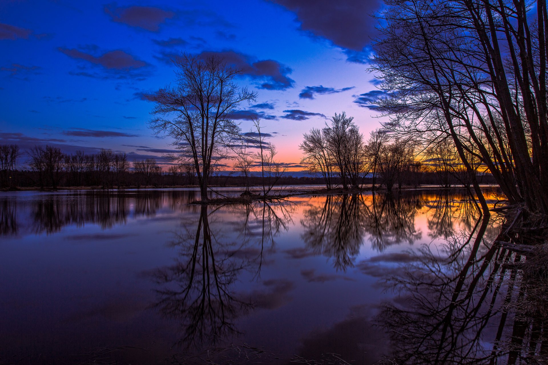 canada ontario lac réflexion arbres soirée orange coucher de soleil bleu ciel nuages