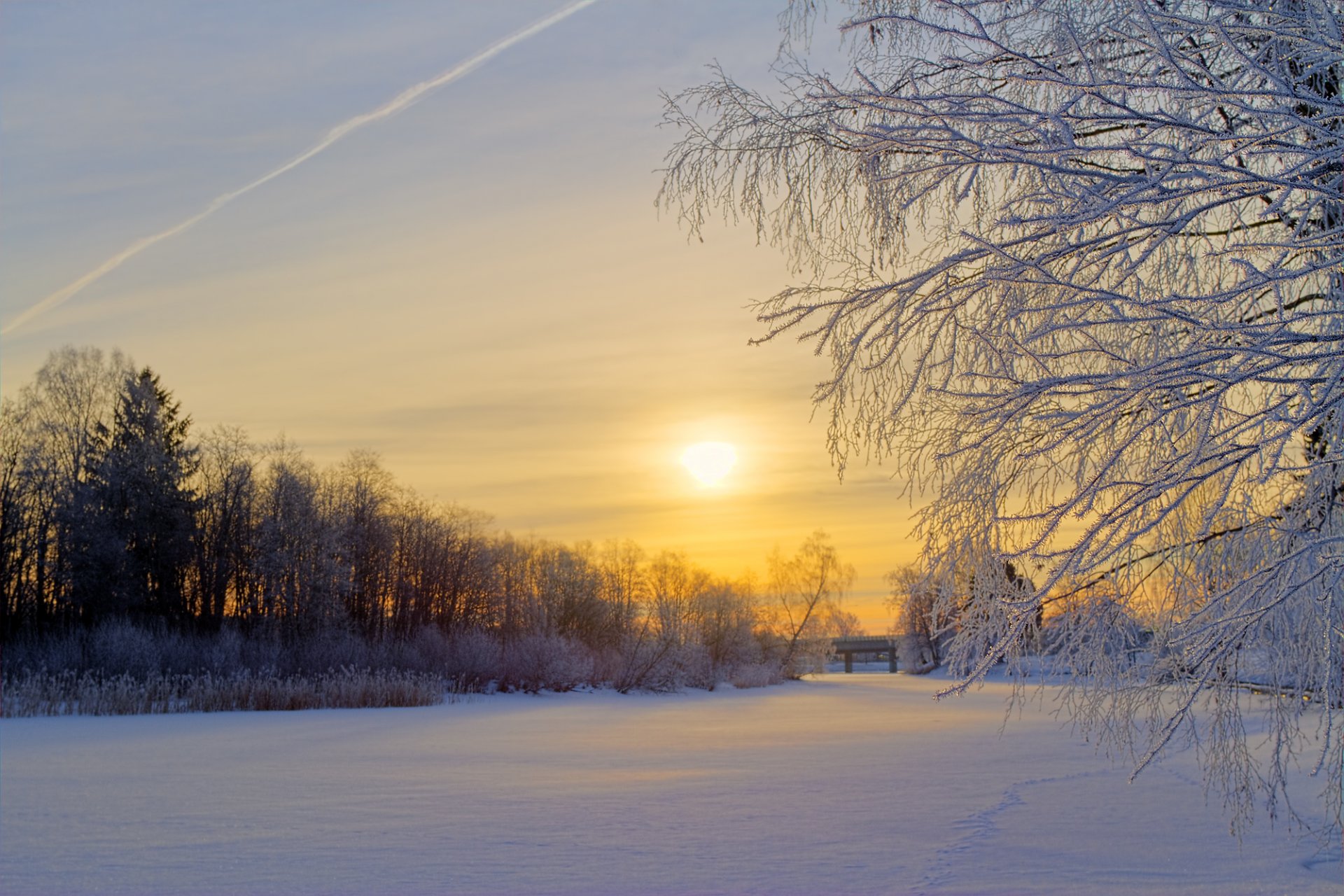 schweden winter schnee frost wald bäume lichtung morgen sonne sonnenaufgang