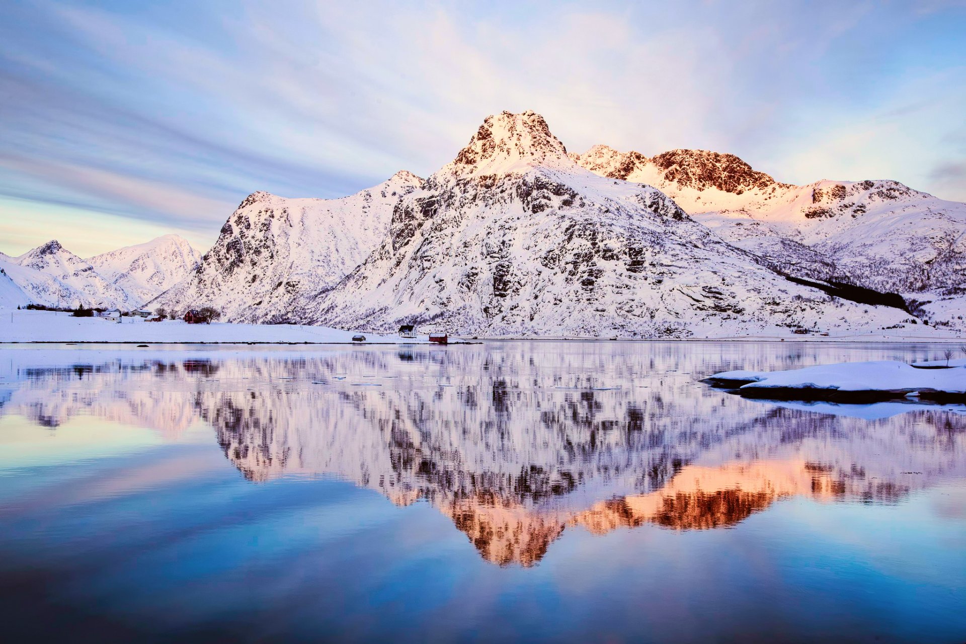 norway flakstadøya fjord mountain winter snow sky reflection