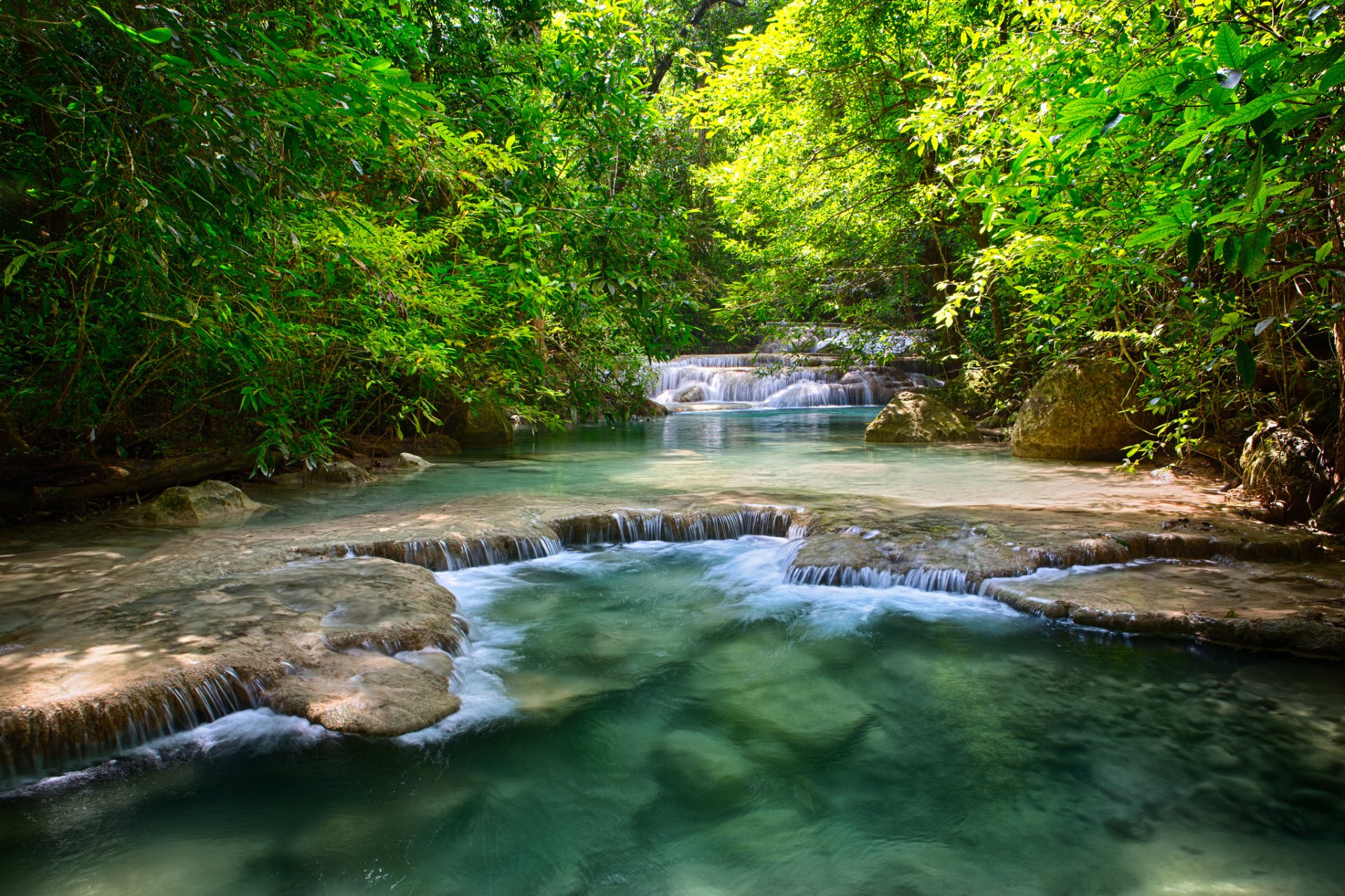 thailand fluss wasserfälle grüns bäume blätter