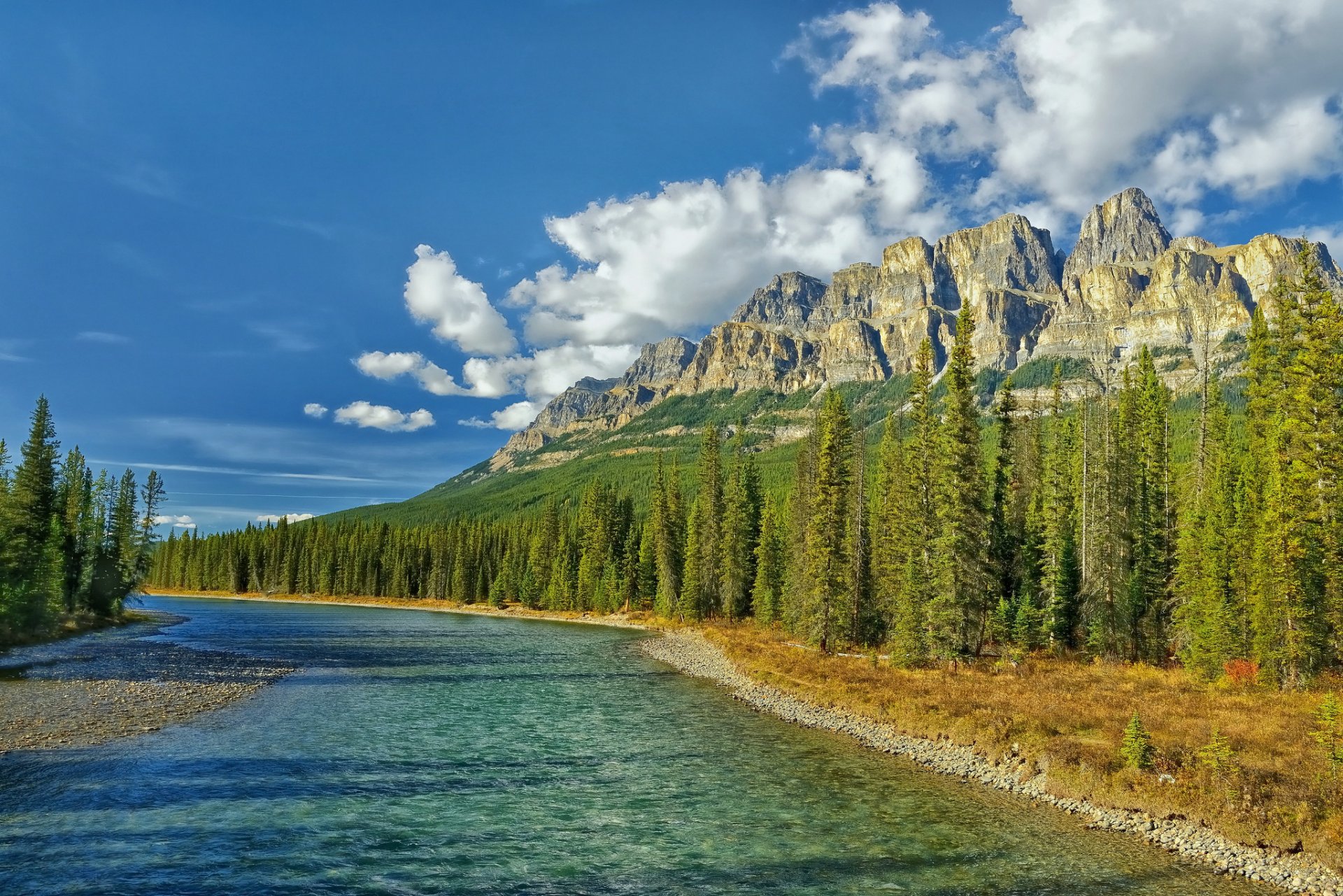 río bosque montañas abeto coníferas canadá piedras nubes