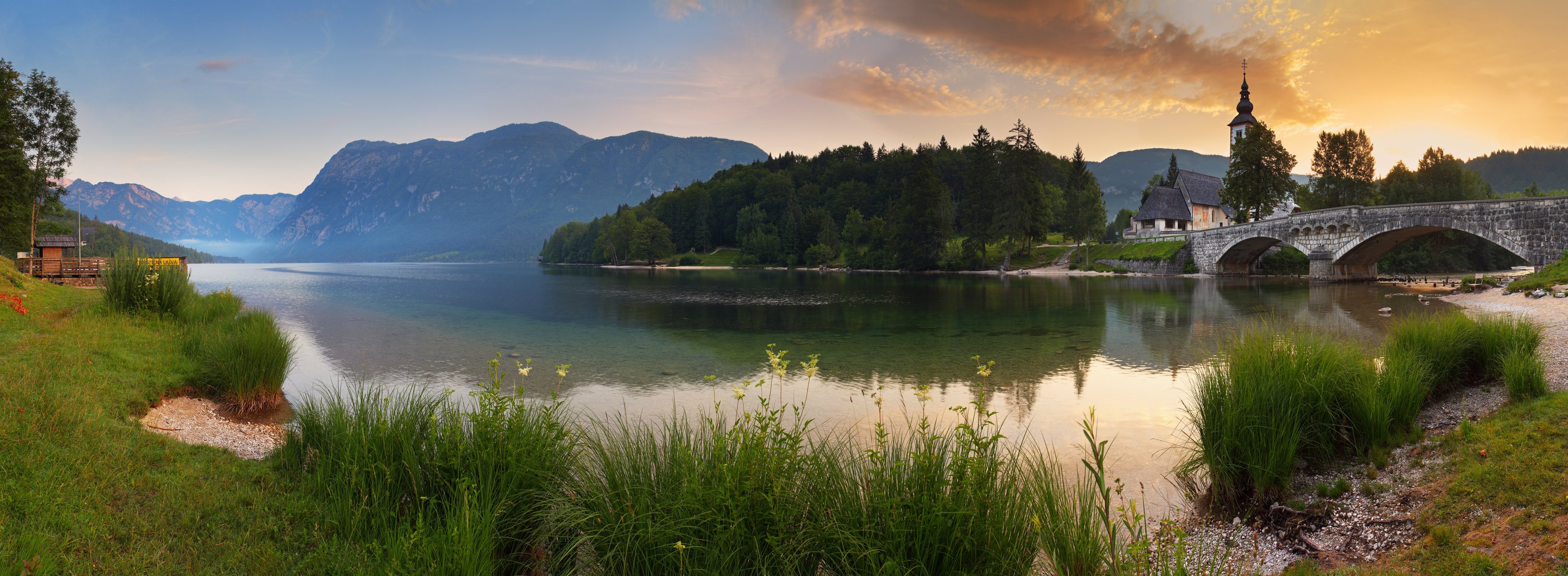 dawn lake mountain grass forest house