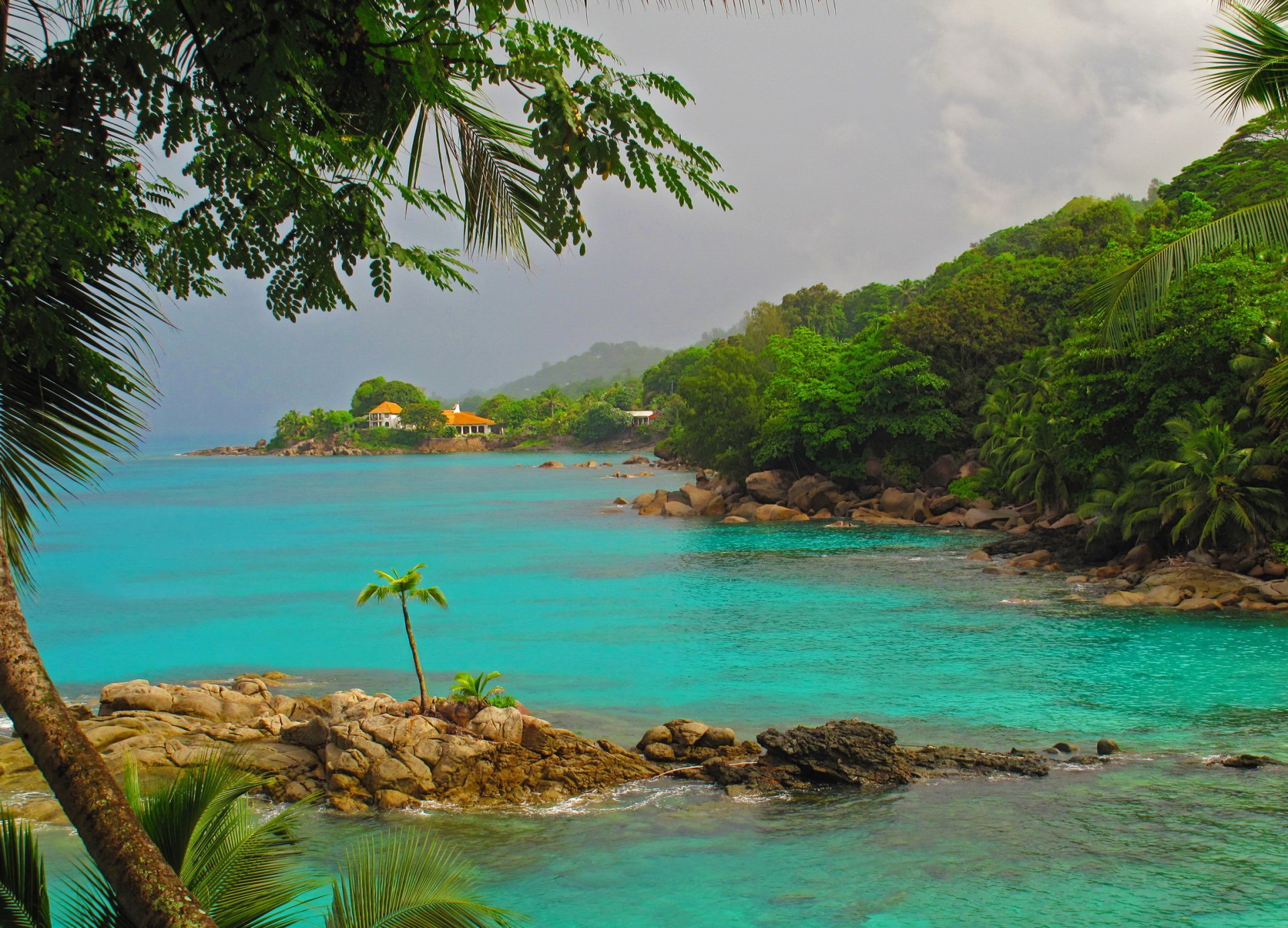 tropici isola natura mare montagne palme pietre alberi casa