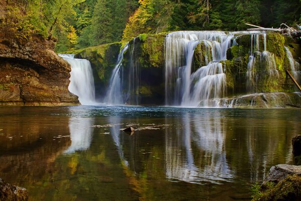 Paisaje de una cascada que desemboca en un lago en el bosque