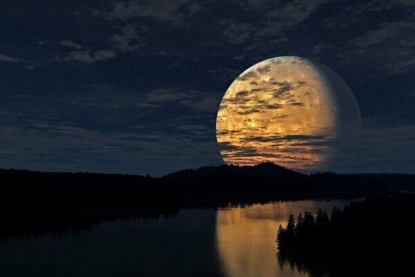 A huge moon is reflected in the water