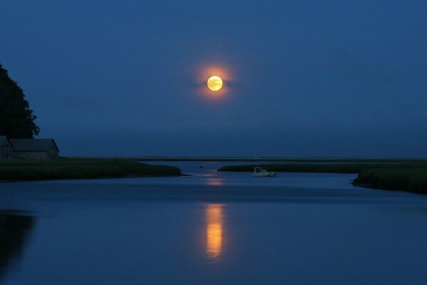 Full moon in the sky over the river