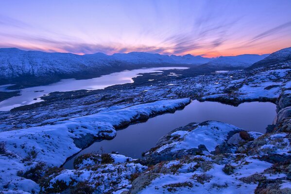 Mountain lakes at dawn, Norway