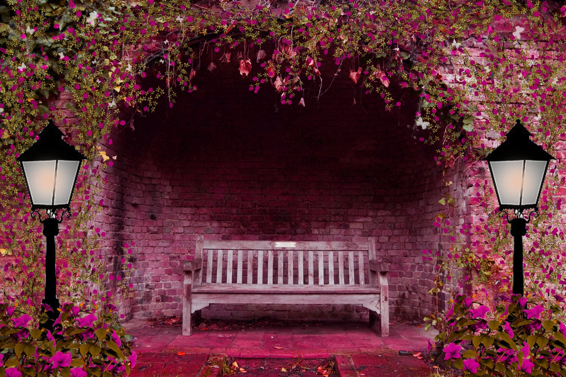 jardín de primavera flores arco banco linternas rosa