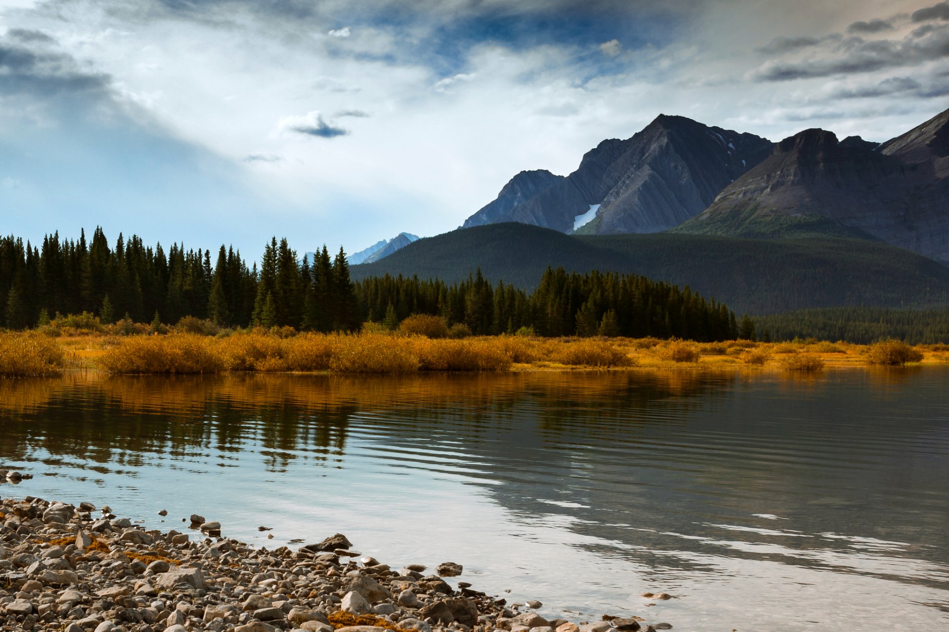 kanada alberta jesień góry las drzewa jezioro niebieski niebo chmury niebieski