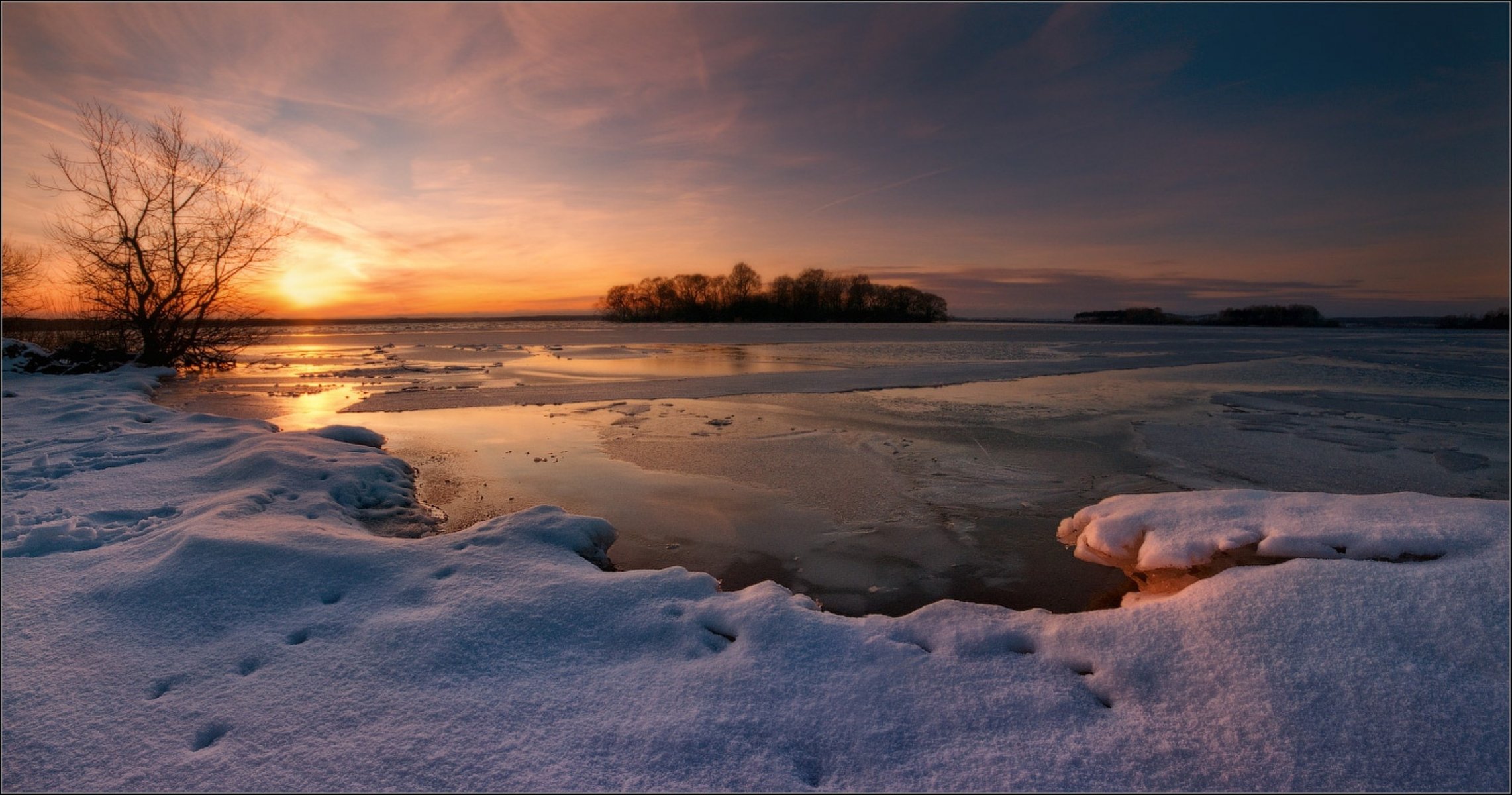 winter snow lake night sunset