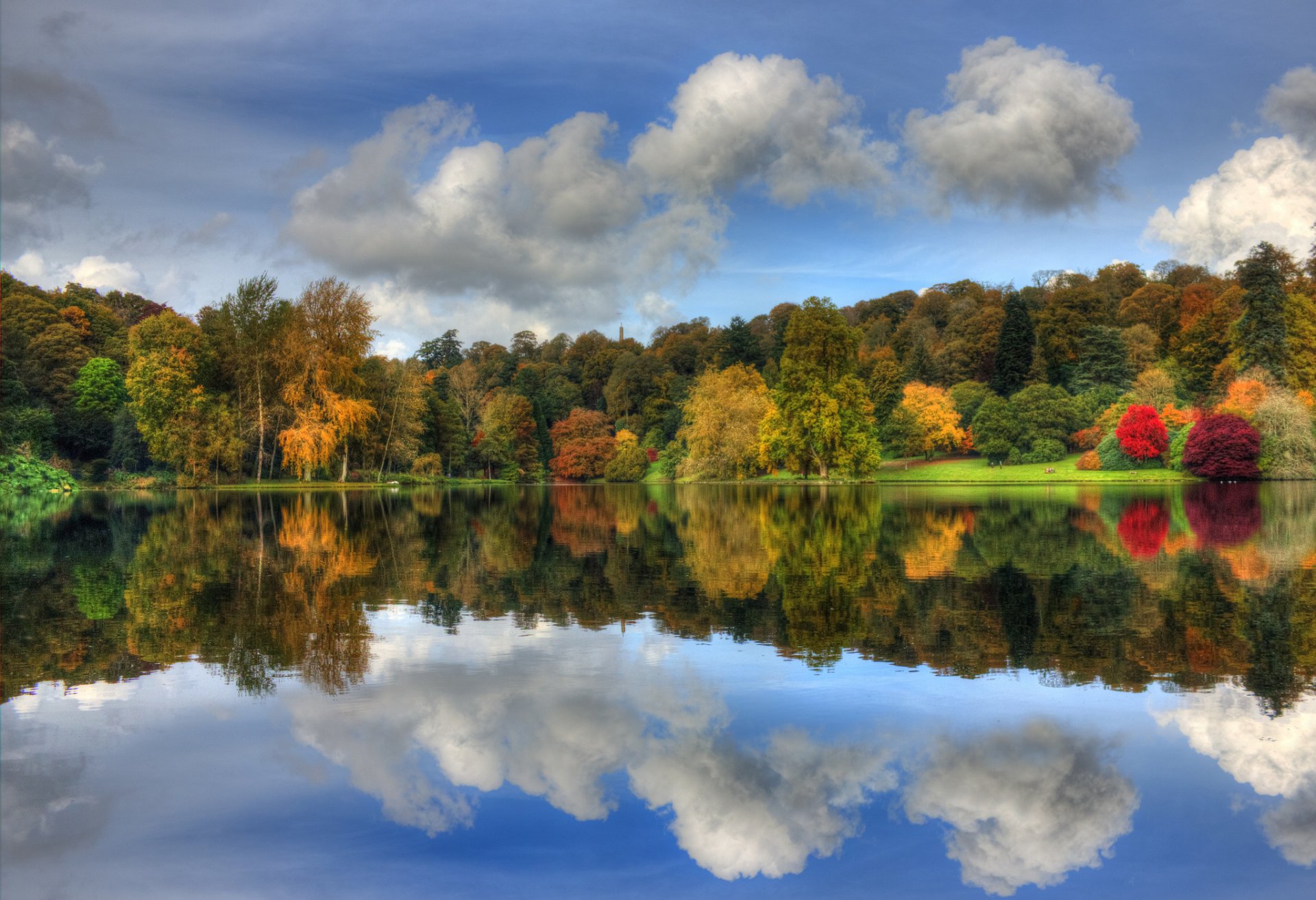 autumn park tree multicolored foliage sky clouds lake reflection