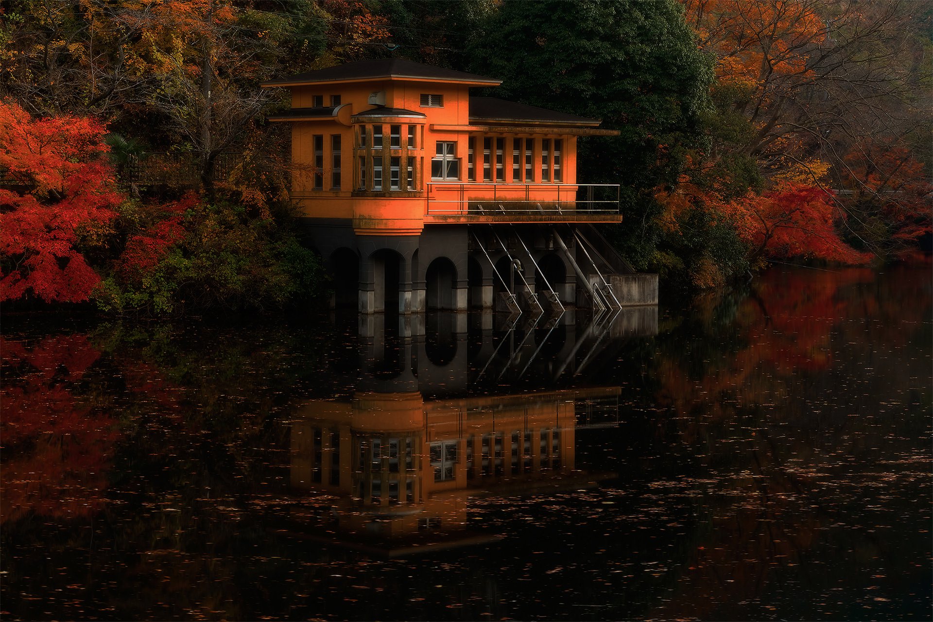 nature japan autumn house on the water forest river paint