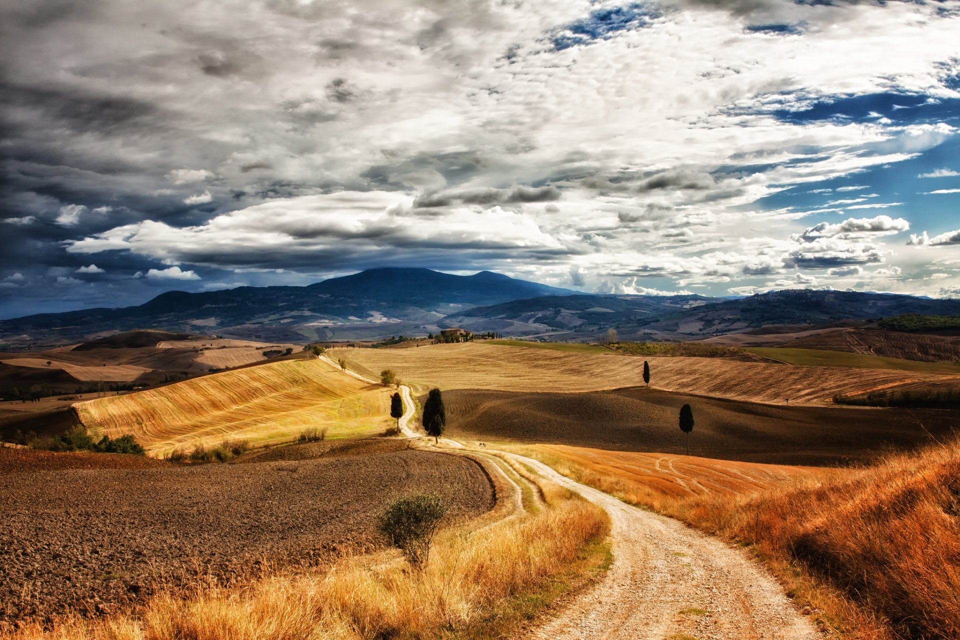 italien toskana feld fußweg bäume hügel blau himmel wolken