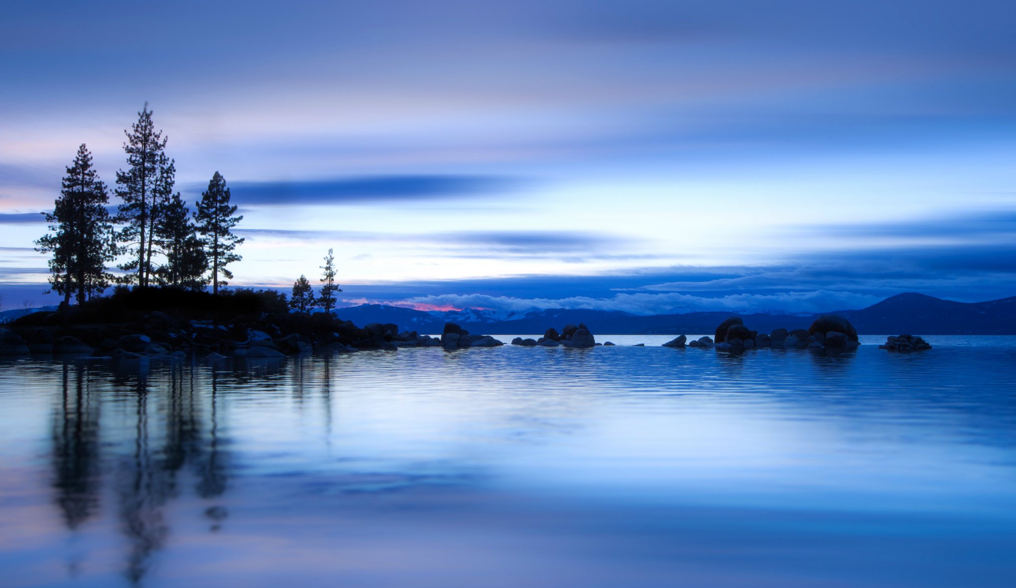 united states lake water surface of reflection night beach tree sky clouds blue