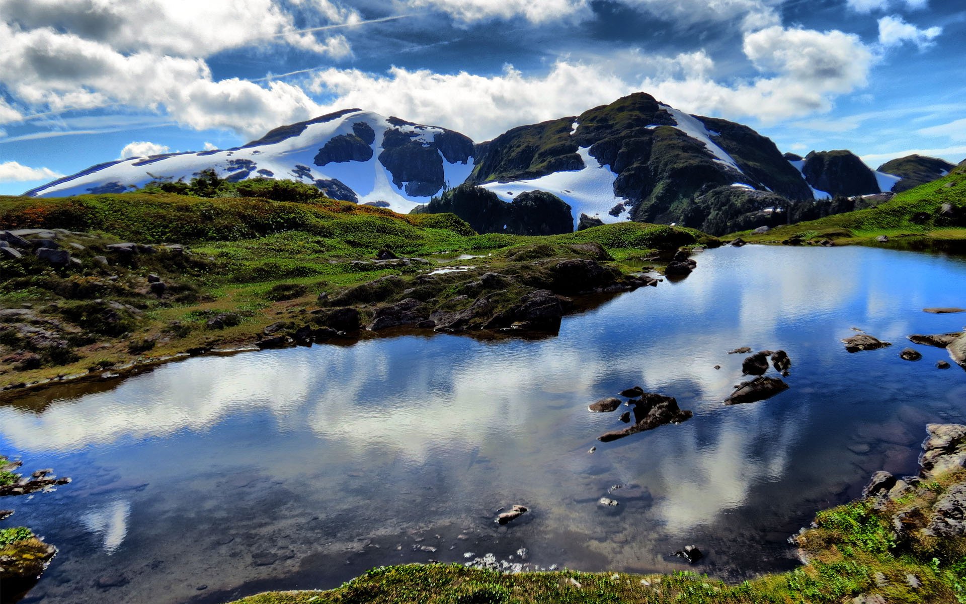 natur see wasser berge steine schnee reflexion wolken