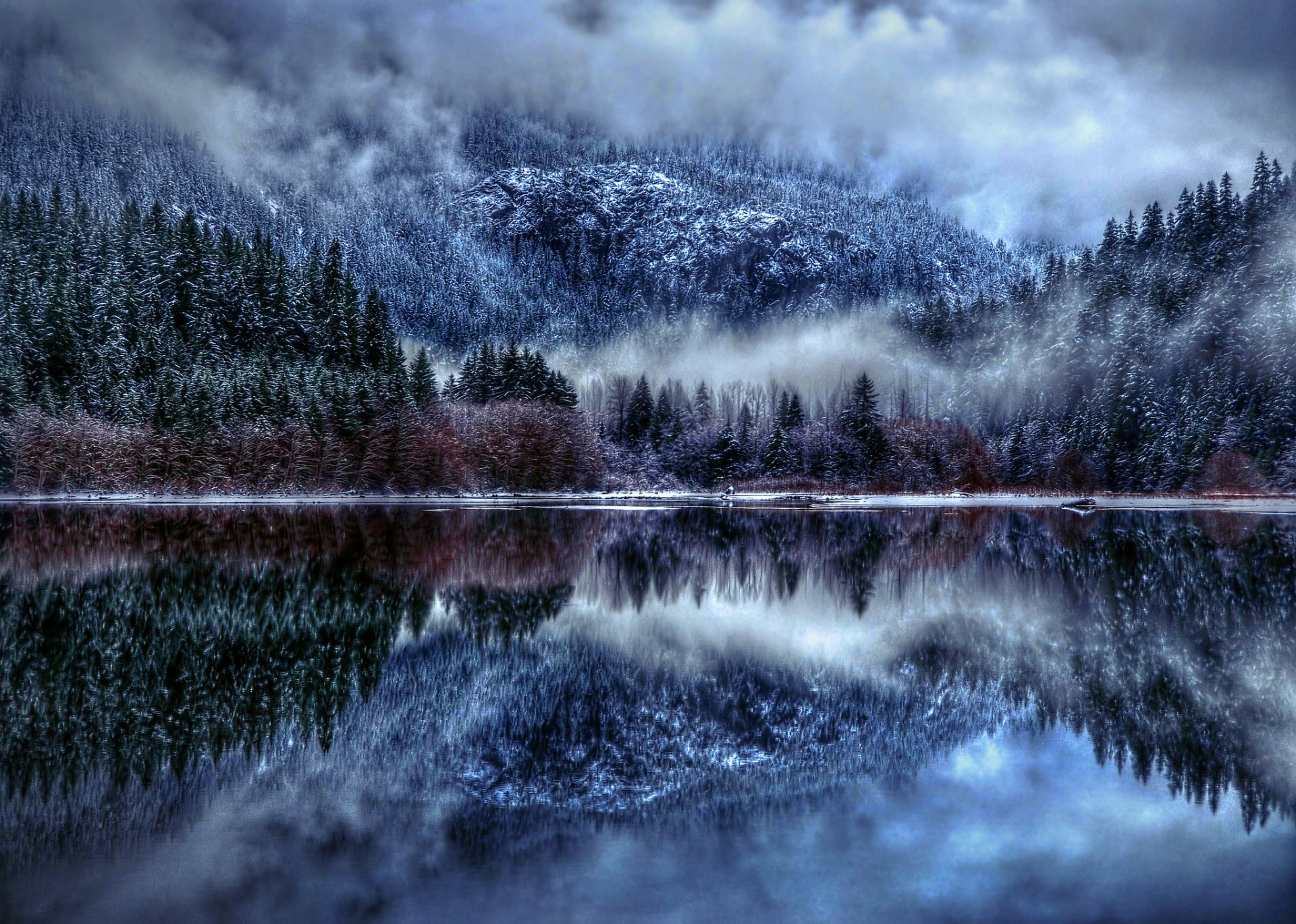 naturaleza invierno lago nieve niebla