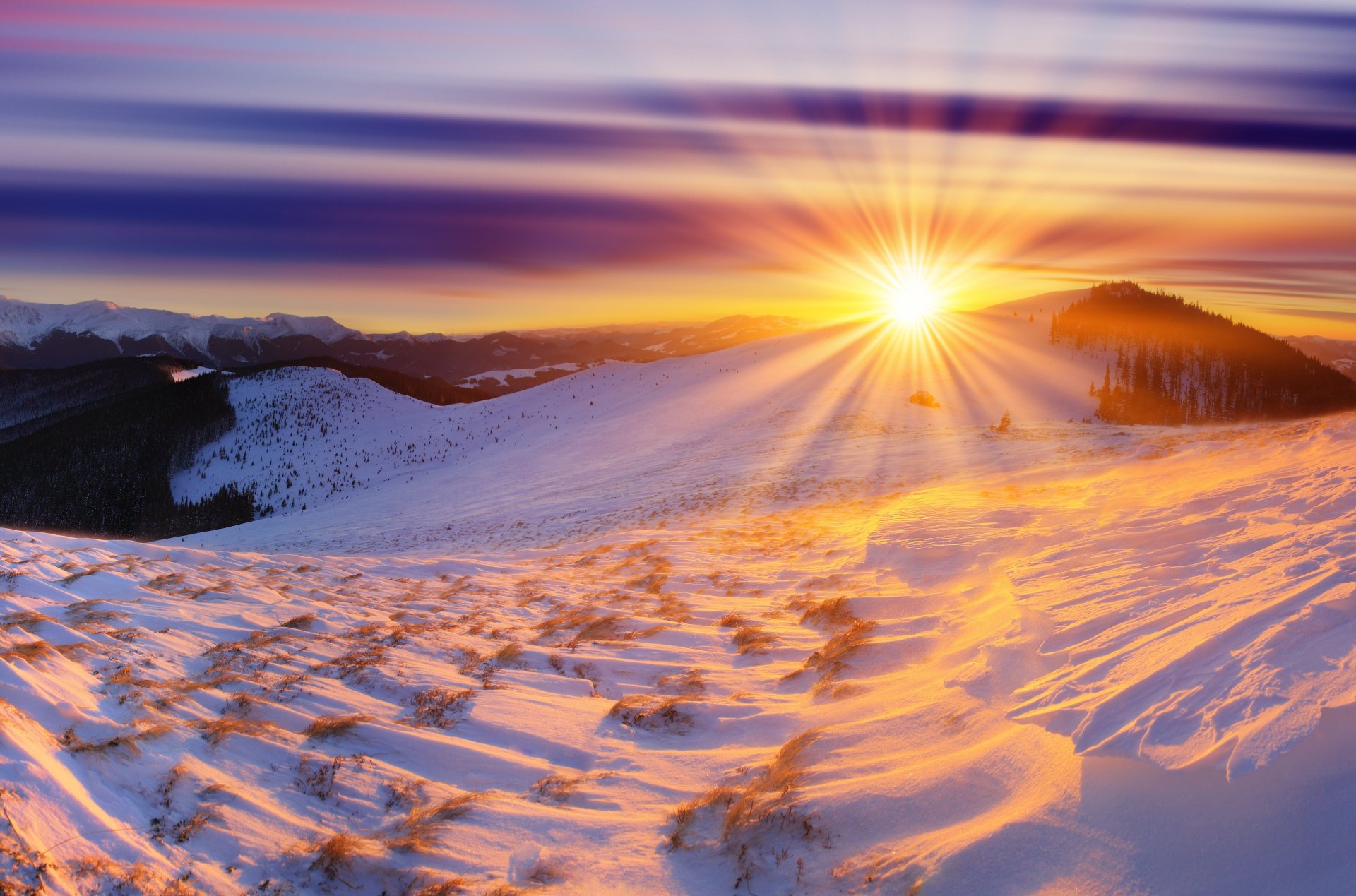 invierno amanecer montañas nieve sol