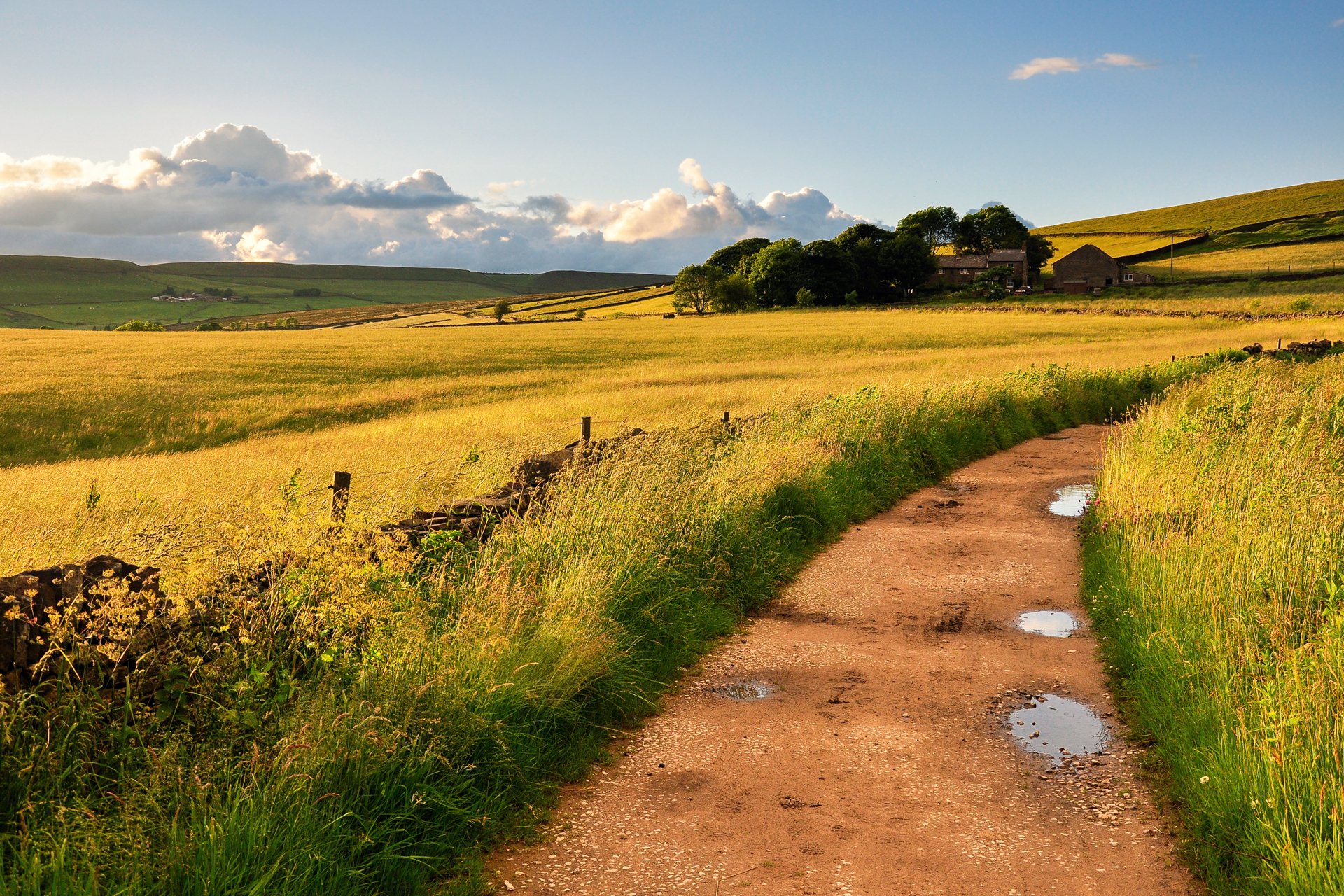 natur england großbritannien felder straße pfützen gras wind himmel wolken häuser