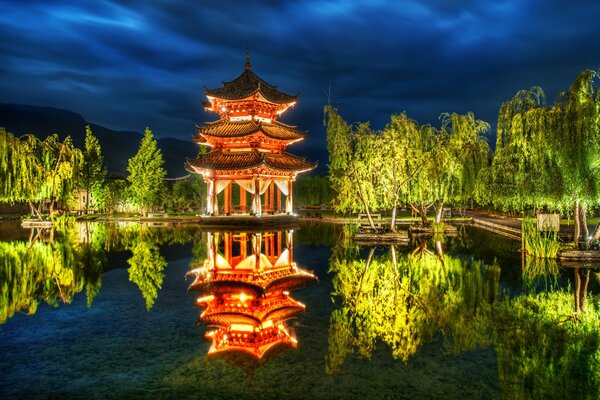 Chinese house near a forest pond