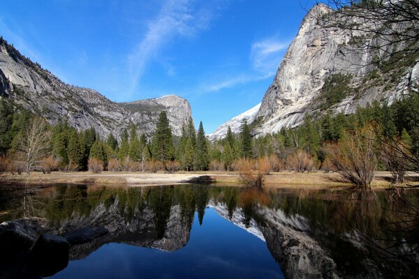 Reflection of rocks in the lake