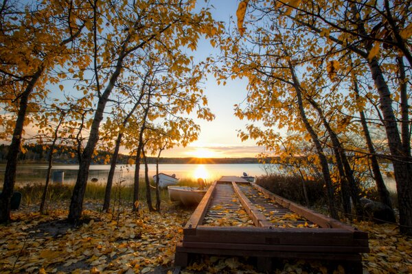 Automne canadien au coucher du soleil près du lac