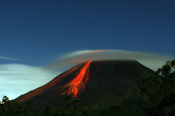 A raging lava volcano with a dark sky