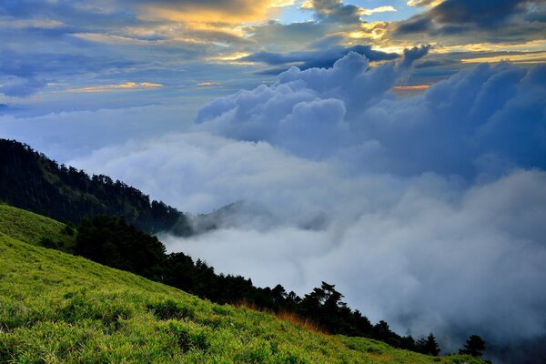 Summer mountain landscape in fog and clouds