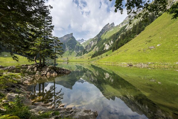 Alpine mountains are reflected in the lake