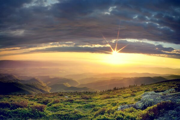 Green hills at sunset