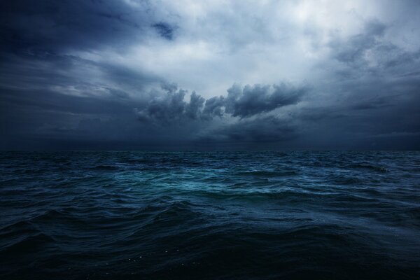 Storm in the ocean against a dark sky