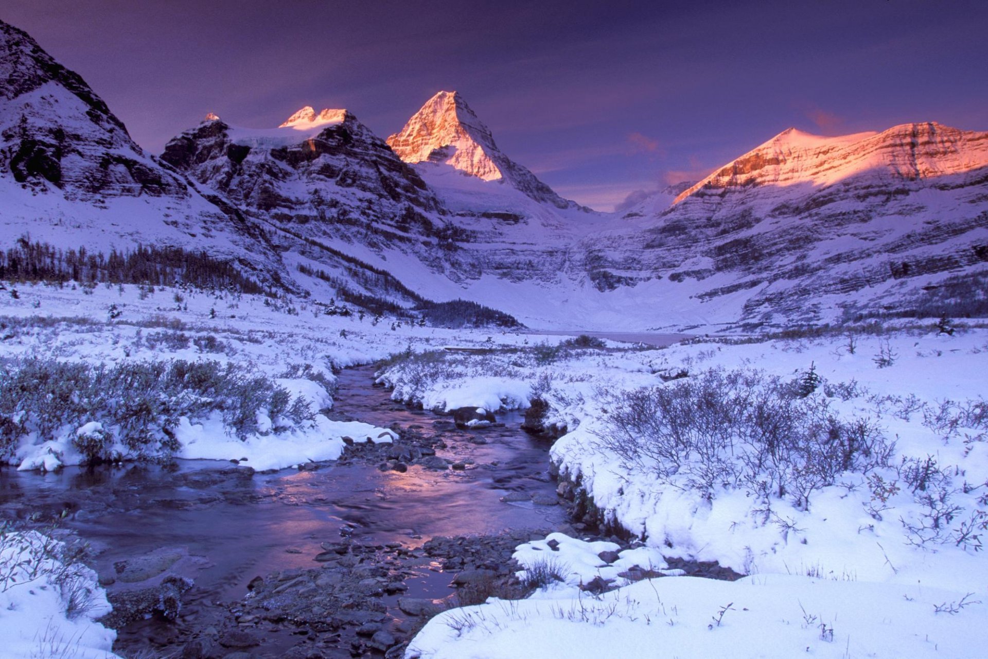 winter snow mountain sunset river