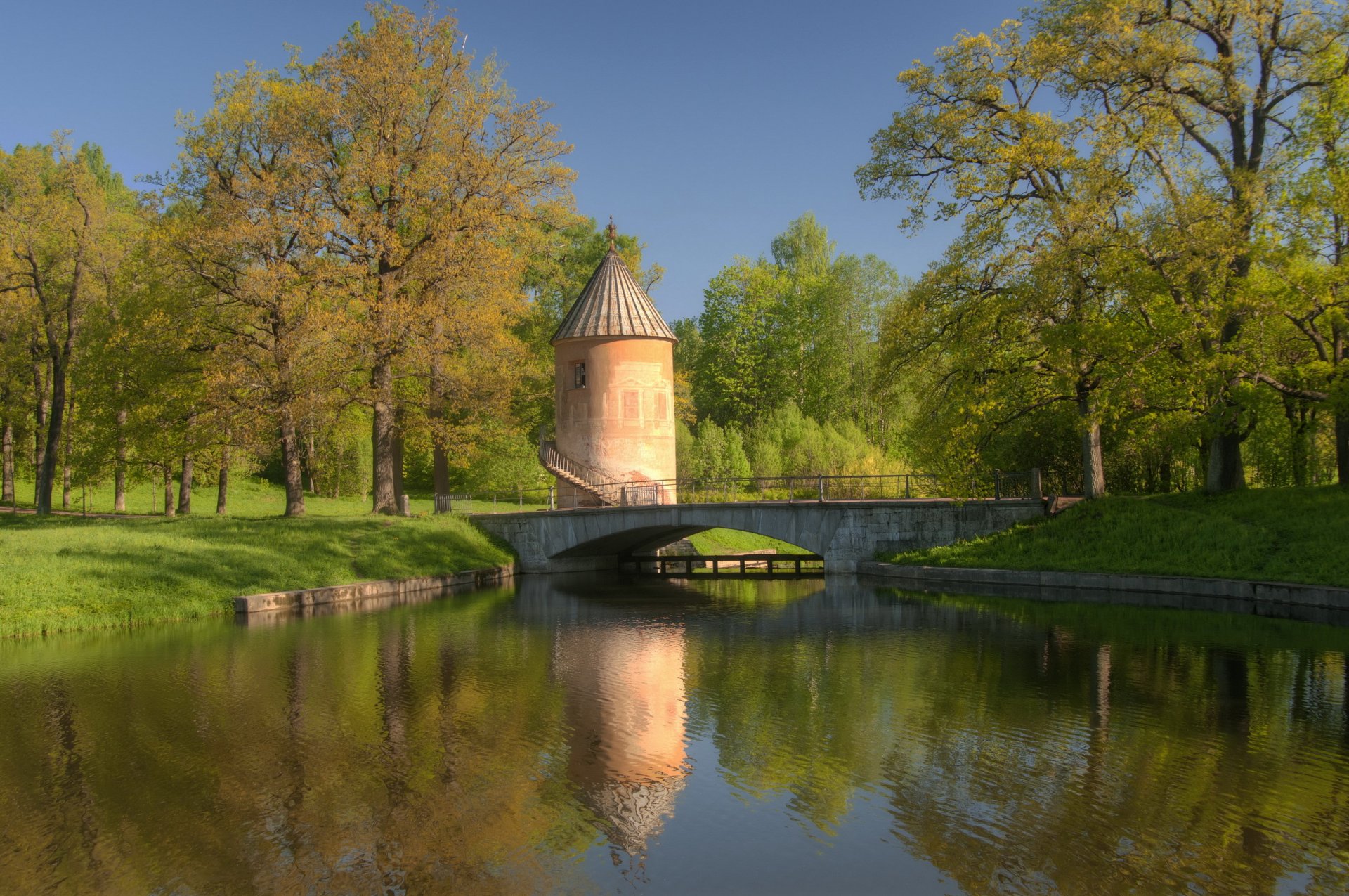 park drzewa staw most błękit niebo