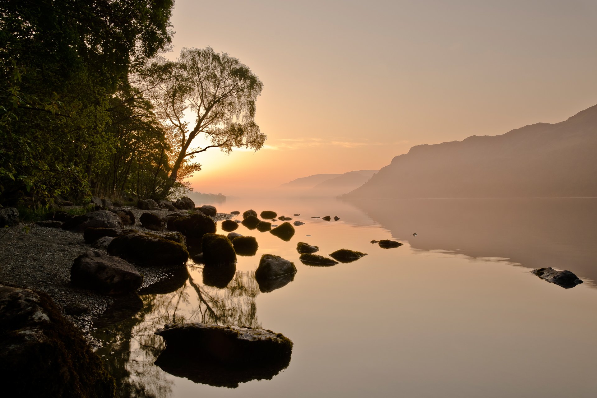 mountain sky haze stones river forest sun fog