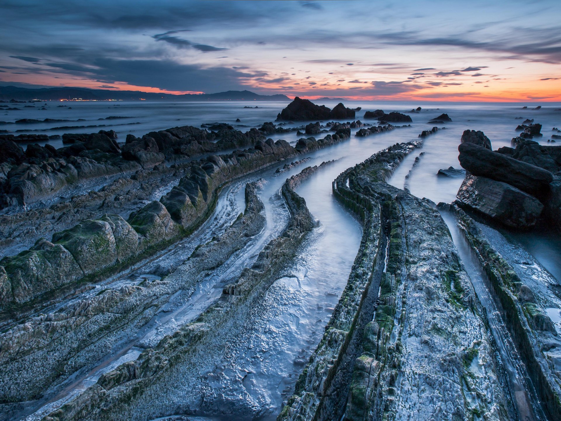 nature night sunset sea beach rock stone