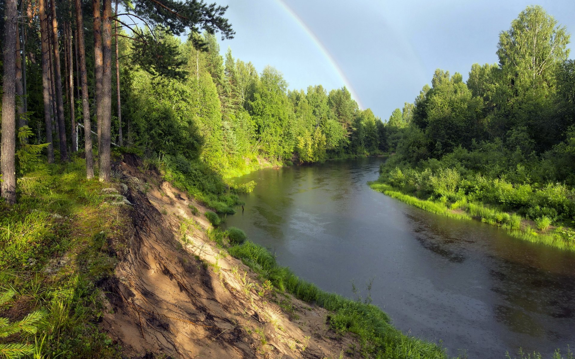 rzeka las tęcza natura krajobraz