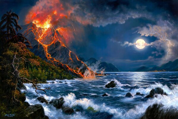 Erupción volcánica en el paisaje del mar