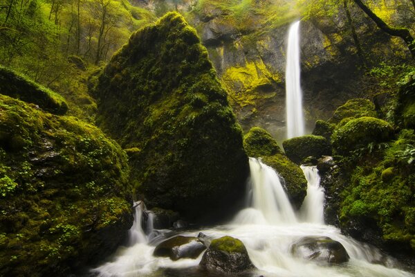 Hermosa cascada entre las montañas