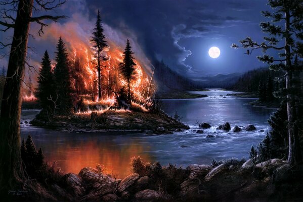 Nächtliches Feuer auf einer Insel inmitten eines Flusses